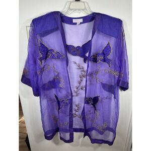 VTG MIJOLI Purple Sheer Kimono Cardigan Gold Embroidered Bird Womens 18 Festival